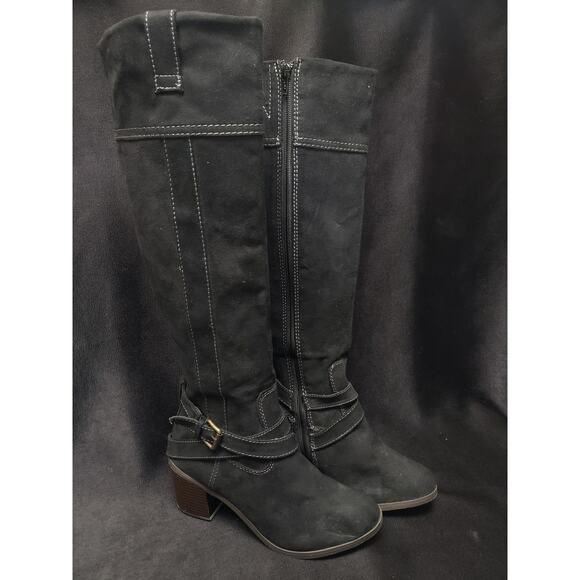 New Direction Black Suede Like Material Buckle Harness Strap High Heel Boots - Picture 10 of 10